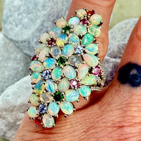 Premium Ethiopian Welo Opal & MultiGemstone 5.75 ctw Statement Ring Platinum/925 - Picture 12 of 17